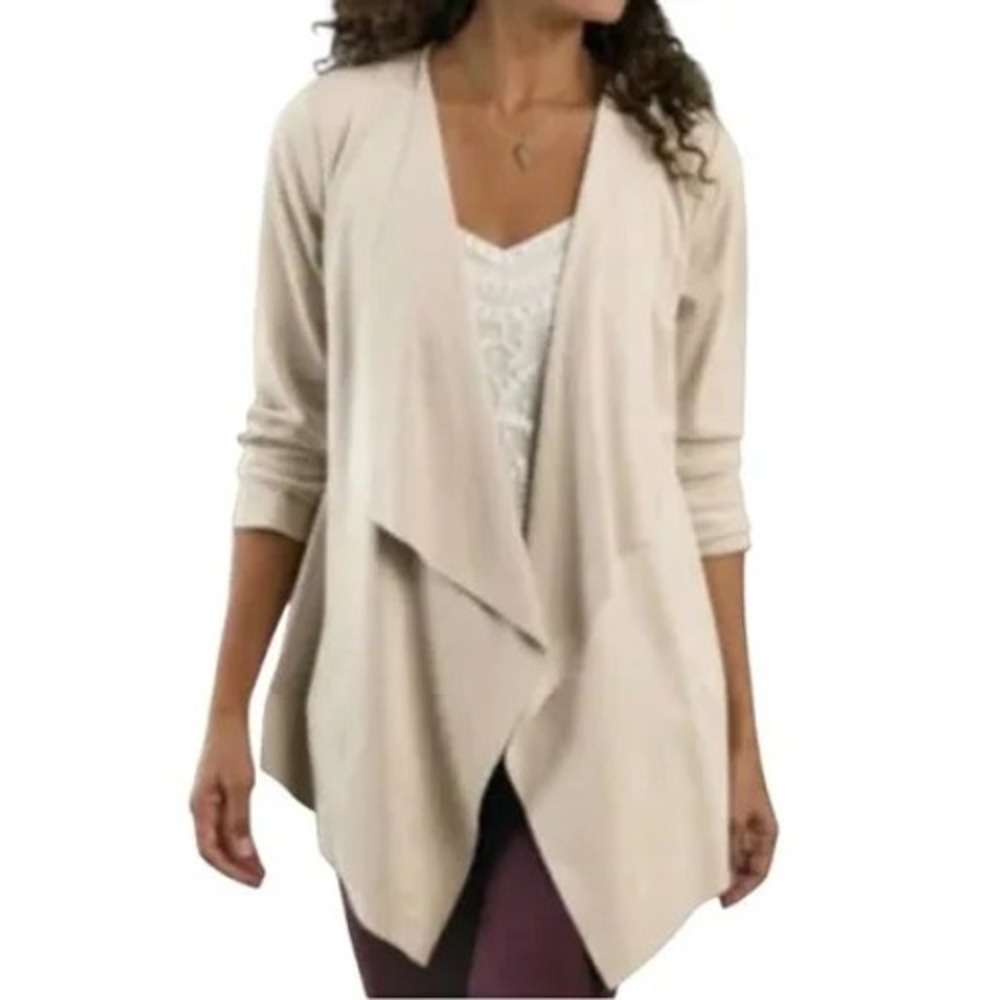 Soft Surroundings Faux Suede Draped Cardigan Beige Waterfall Open Front Medium